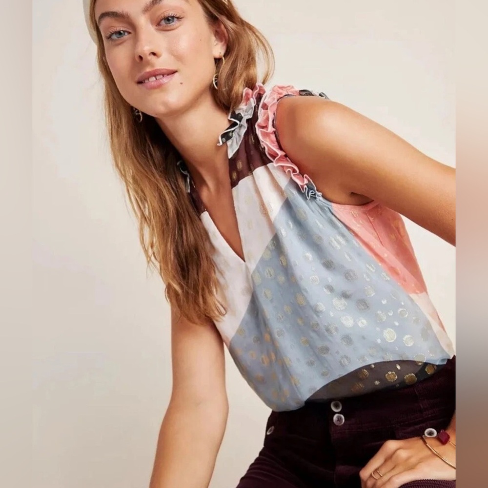 NWT Anthropologie Maeve Clip Dot Fantasia Ruffle Sleeveless Top Size 2